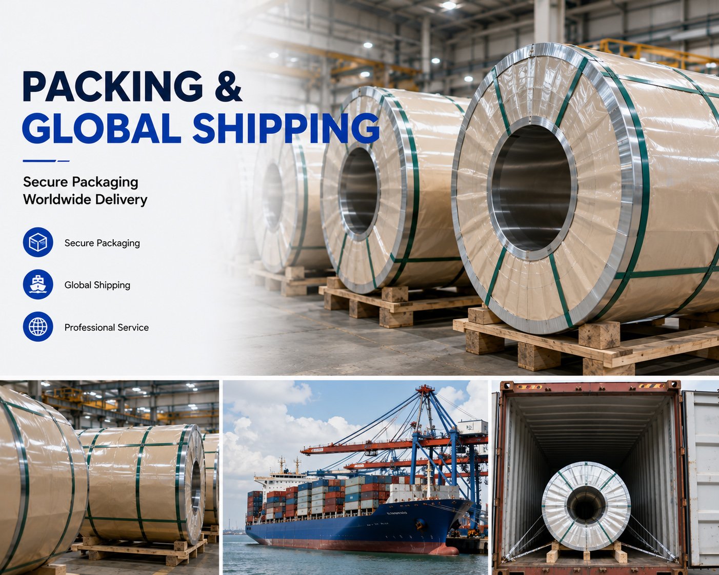 Aluminum coils and sheets packed for international shipping and export